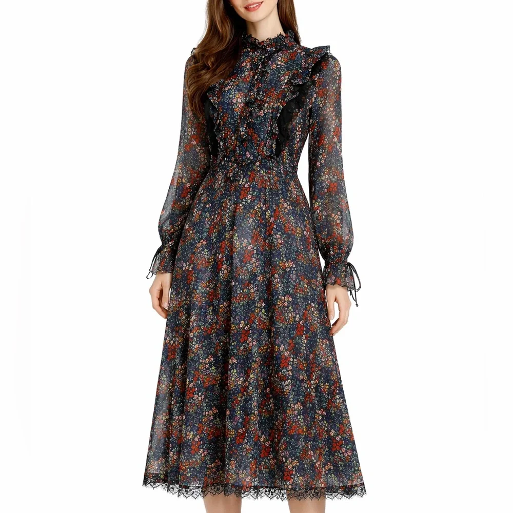 Warm NY boho 100% cotton Floral Tiered Ruffle Midi long sleeve Dress NWT